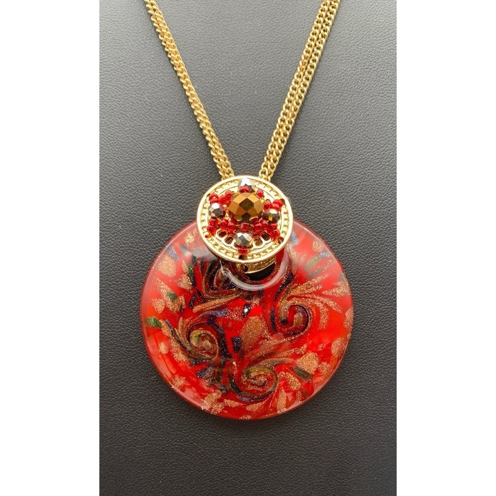 Large Red & Multi Colored‎ Aventurine Art Glass Pendant On A Gold Tone Necklace